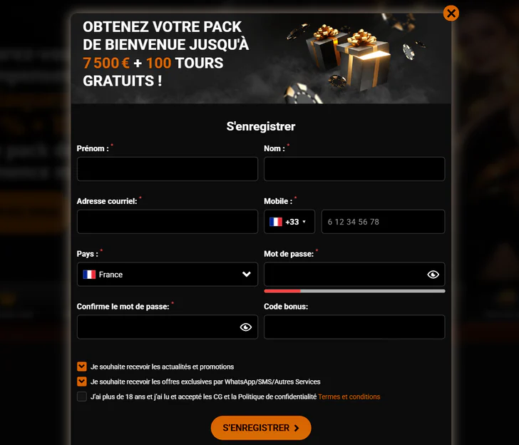 Casino Intense formulaire d’inscription avec offre de bienvenue jusqu’à 7 500 € et 100 tours gratuits, champs personnels, mot de passe, code bonus et bouton S’enregistrer