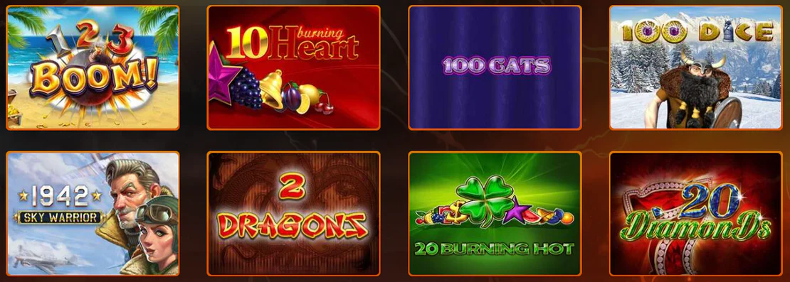 Casino Intense sélection de machines à sous avec 1 2 3 Boom, 10 Burning Heart, 100 Cats, 100 Dice, 1942 Sky Warrior, 2 Dragons, 20 Burning Hot et 20 Diamonds